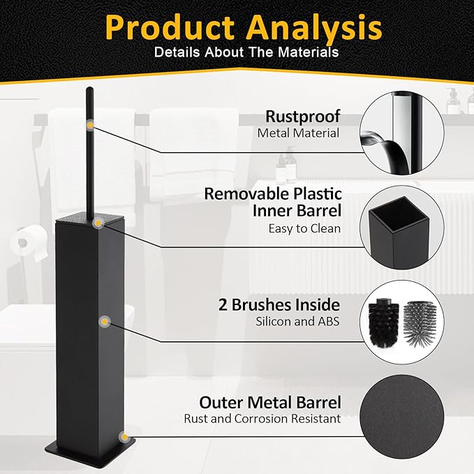 Toilet Brush and Holder Floor Standing Black with 2 Replaceable Heads Bathroom Toilet Brush Freestanding Toilet Bowl Brush with Removable Liner and Splash Guard Modern Square Design