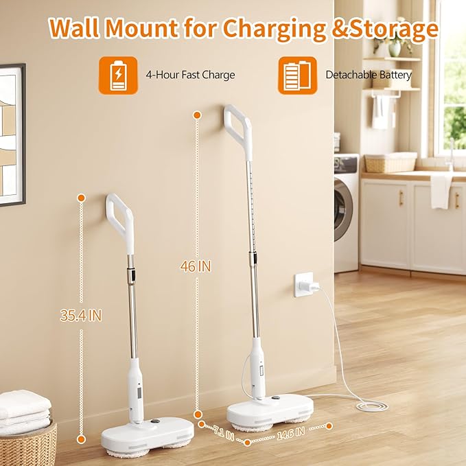 Adjustable Cordless Electric Spin Mop with self-propelled water sprayer/8000mAh Battery/LED Headlightself-propelled design with 6 Washable mop Pads for Hardwood Tile Floors Quiet Cleaning/Waxing