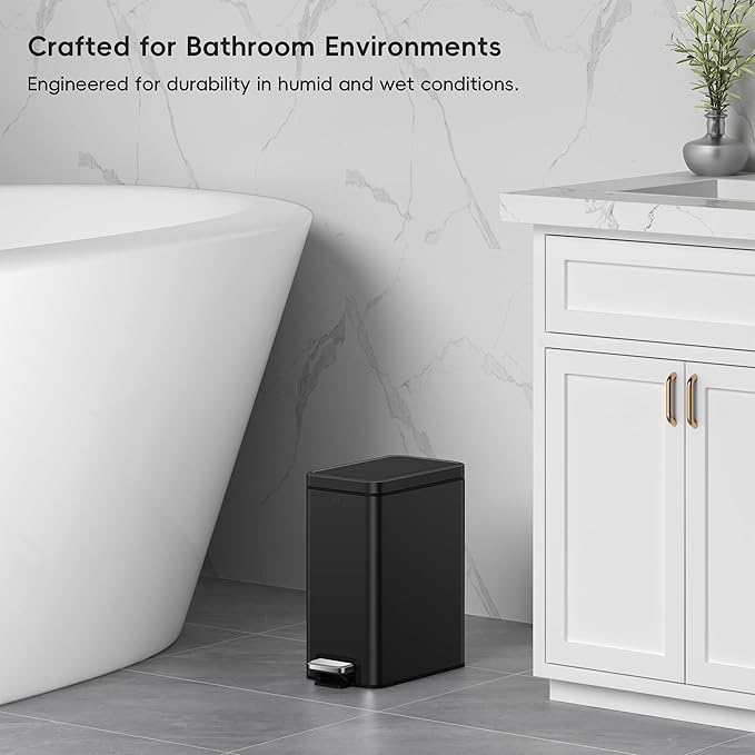 EKO Small Bathroom Trash Can with Lid Soft Close Step Pedal 6 Liter / 1.6 Gallon Stainless Steel Garbage Can with Removable Inner Bucket Anti-Fingerprint Finish (Matte Black)