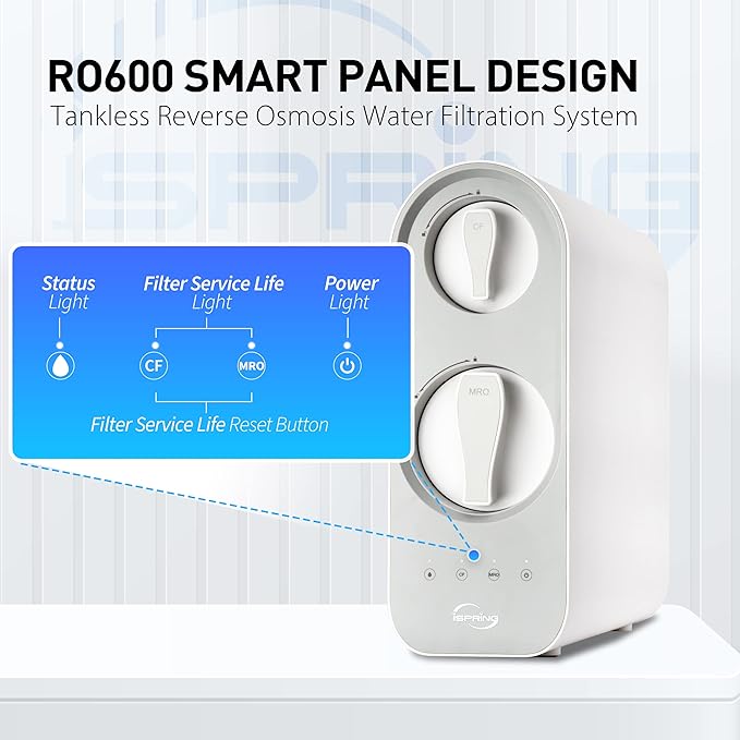 iSpring RO600BN Tankless Reverse Osmosis System Under Sink 600 GPD Fast Flow RO System 2.5:1 Pure to Drain Ratio RO Water Filter System Brushed Nickel Faucet White