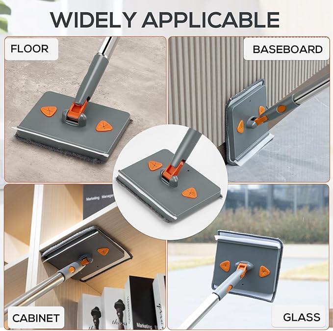 Wall &amp Base Board Cleaner Tool with 360°Rotating Mop Head 180°Folding Design for Effortless Baseboards/Ceilings/Wall Cleaning - Adjustable Long Handle Multi-Surface Scrubber &amp Duster