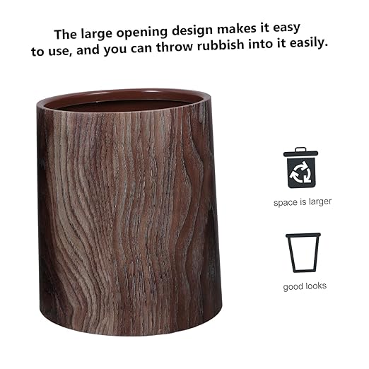 Uonlytech Imitation Wood Grain Trash Can No Lid Plastic Waste Basket Lightweight Bathroom Kitchen Indoor Garbage Bin with Elegant Vintage Design