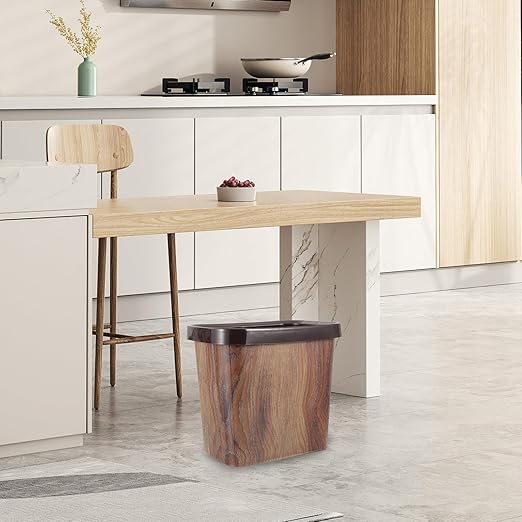 Luxshiny Vintage Wood Grain Bathroom Garbage Container 10l Rectangular Plastic Trash Can with Removable Press Ring for Kitchen Living Room and Toilet Wastebasket