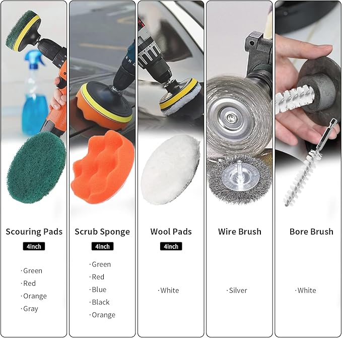 48 Pcs Drill Brush Attachments Set Scrub Pads &amp Sponge &amp Wire Brush for Drill Power Scrubber Brush with Extend Long Attachment Drill Scrubber Brush Kit for Bathroom Floor Car Grout
