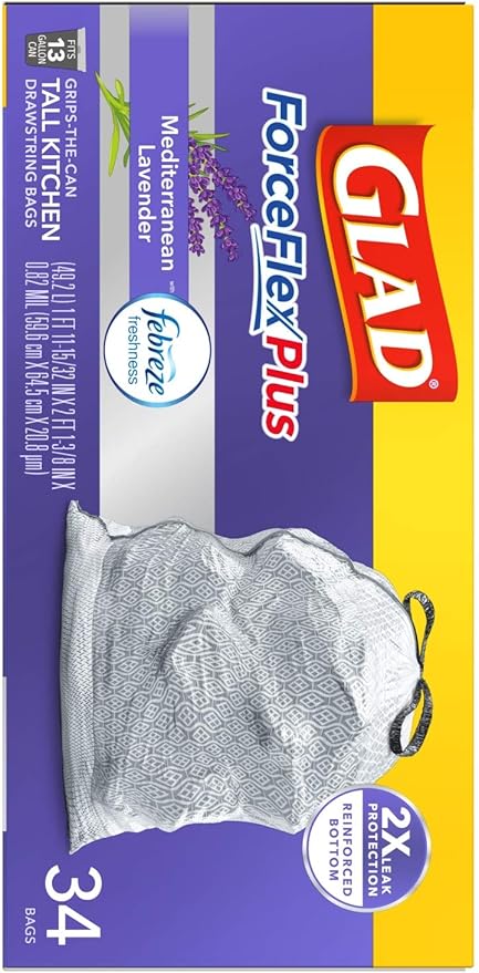 Glad Trash Bags ForceFlexPlus Tall Garbage Drawstring Garbage Bags - 13 Gallon Grey Trash Bag Lavender with Febreze Freshness 34 Count (Package May Vary)