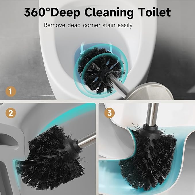 Stain Nickel Toilet Brush and HolderExtra Long Handled Toilet Brush for BathroomStainless Steel Heavy Duty Toilet Bowl BrushDeep Cleaning Modern Toilet Cleaner Brush -Space Saving Covered Brush