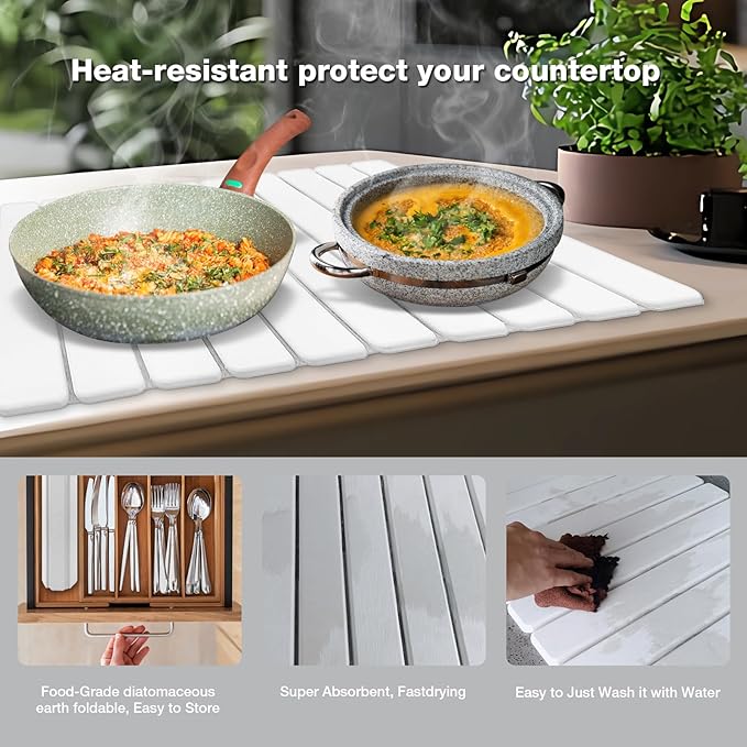 Diatomaceous Earth Stone Dish Drying Mat for Kitchen Counter – 24”x16” Non-Slip Quick-Dry Surface Sleek Foldable Design &amp Collapsible Storage White