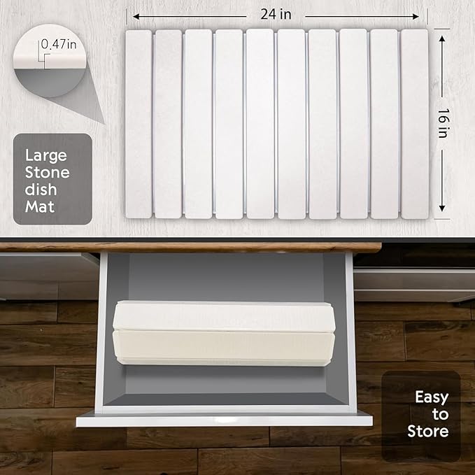 Large Stone Dish Drying Mats for Kitchen Counter 24(L)×16(W) Fast Drying Collapsible Dish Drying Mat Eco-Friendly Absorbent Diatomaceous Earth Mats for Dishes Bottles Cups Match Any Countertop