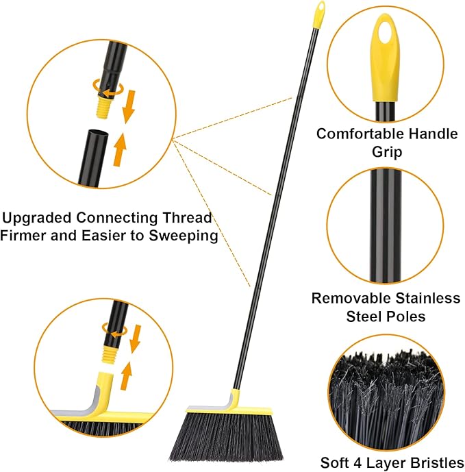 4 Packs Outdoor Broom for Floor Cleaning with 58 Long Handle Heavy-Duty Commercial Brooms for Sweeping Indoor Outdoor Courtyard Restaurant Garage Patio Decks Mall Market Kitchen Office Lobby Shop