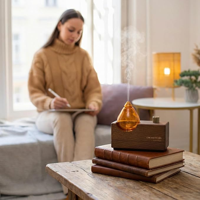 Amber Premium Glass Essential Oil Diffuser with Handmade Wood Base for Aromatherapy Retro Waterless Scent Diffuser with Cool Mist Rechargeable &amp Wireless Oil Nebulizer with LED &amp Timer 2026