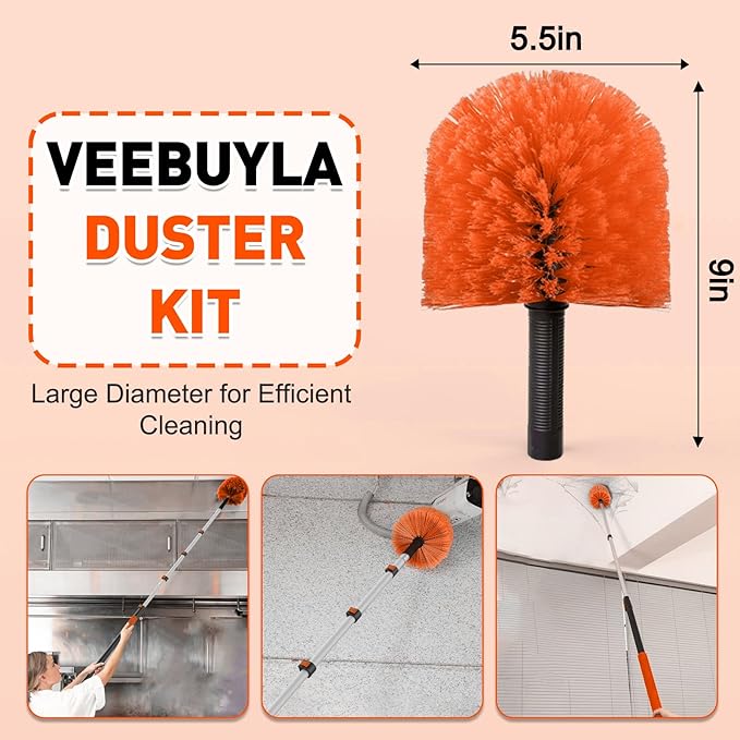 15FT Reach Cobweb Duster with Extension Pole - Spider Web Brush for Cleaning with 3-12FT 4-Section Flip-Lock Telescopic Pole Effortlessly Cleans High Indoor &amp Outdoor Webs