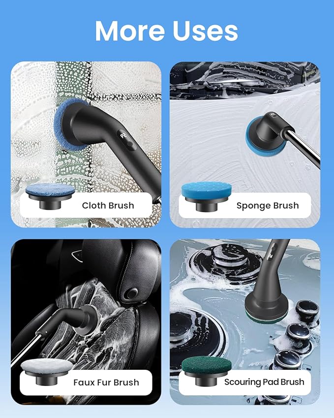 Leebein Electric Spin Scrubber Cordless Cleaning Brush for Bathroom Shower Tub IPX7 Waterproof Power Scrubber with 7 Brush Heads Extendable Long Handle and 2 Speeds Scrubber for Bathtub Floor