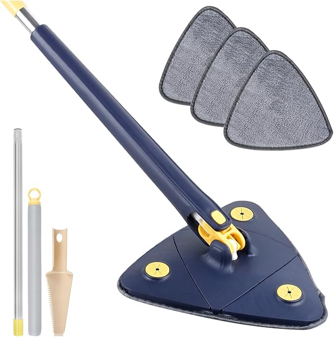 Extendable Triangle Mop 360° Rotatable Foldable Adjustable 130 Cm Self Water Squeezing Wall Floor Wet Dry Ceiling Cleaning Tools(Blue 4cloth)
