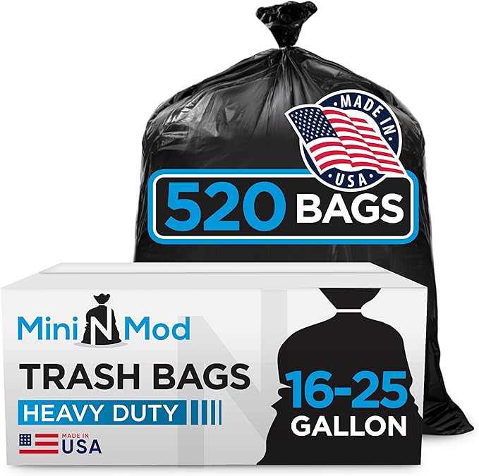 16-25 Gallon Trash Bags – Bulk 520 Count – Medium-Large Black Garbage Bags One Size Fits 16 20 25 Gal Trash Can Liners for Bathroom Kitchen Home Office &amp Commercial – Tear-Off Roll