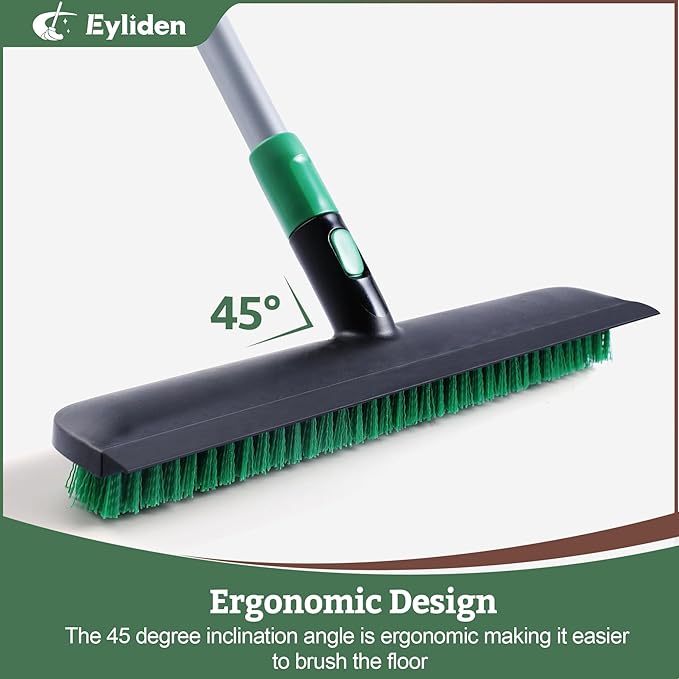 Eyliden X-Large Floor Scrub Brush 2 in 1 Scrape Brushes with Rubber Squeegee | 55.3 Long Handle 15 Wide Stiff Bristle Head | Floor Scrubber for Deck Kitchen Shower Bathroom Tub Tile Patio Wall
