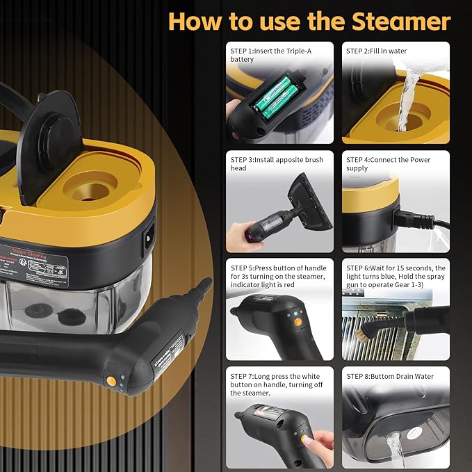 Steam Cleaner 3-Level Adjustable Handle 15s Heat-Up 1.69 Quarts Tank Portable Steamer for Cleaning with 10 Accessories Steam Cleaner for Home for Dirt (Yellow)