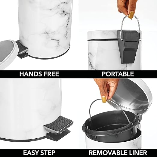 mDesign Extra Small Modern 3-Liter/.7 Gallon Round Metal Lidded Step Trash Can Compact Garbage Bin with Removable Liner Bucket and Handle for Bathroom Kitchen Office Garage - White Marble Print