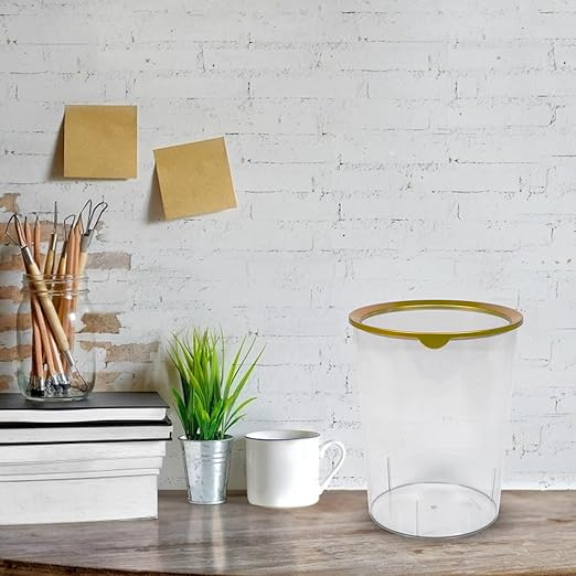 TEHAUX Transparent Round Trash Can Large Capacity Lightweight Desktop Wastebasket for Home Office Compact Impact-Resistant Storage Container with Fashionable Gold Rim
