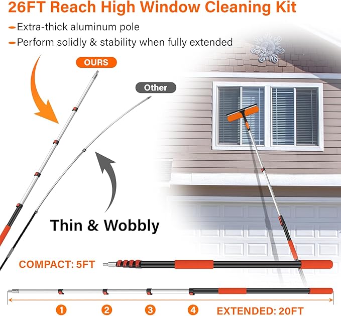 14 Window Squeegee with Extension Pole26FT Reach High Window Washers for High Outside WindowsProfessional Window Cleaning Tool Kit Include Replacement180°Rotatable Squeegee for Indoor/Outdoor