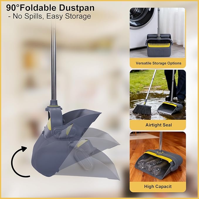 Heavy Duty Broom and Standing Dustpan Combo Set Rotatable Head Dust Pan and Brush Set with Collapsible Handle Cleaning Teeth Hanging Loop Ideal for Pets RV Kitchen Camping Outdoor Floor Gray