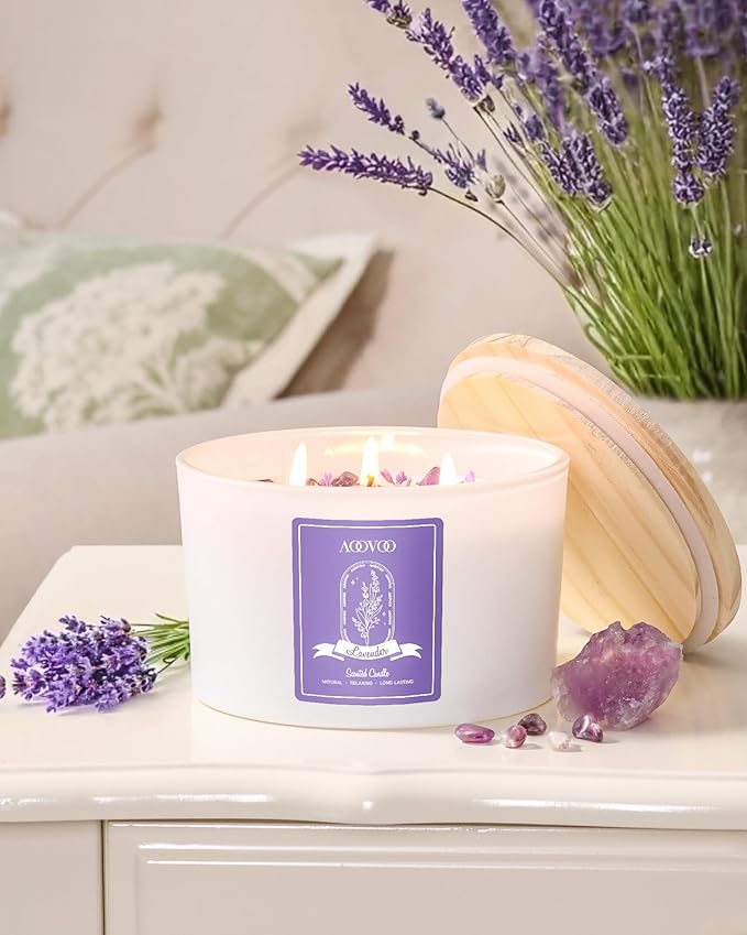 AOOVOO Lavender Scented Candles for Women - 20oz 3 Wick Soy Candles for Home Scented Aromatherapy Candle with Crystals Inside Birthday Gifts Valentines Day Candle for Women Mom