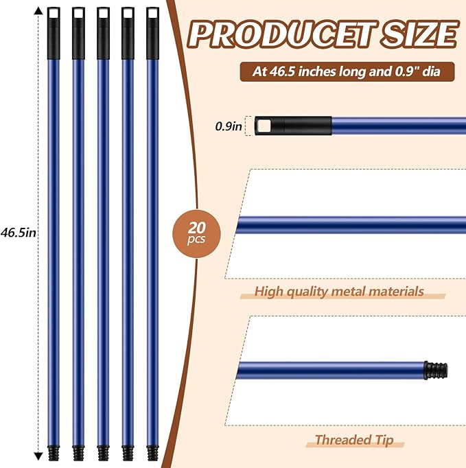 Gisafai 20 Pcs Broom Handle with Threaded Tip Powder Coated Broom Handle Metal Cleaning Pole with Plastic Thread Stick for Floor Brushes Replacement Cleaning Tools Accessories(20 Pcs)