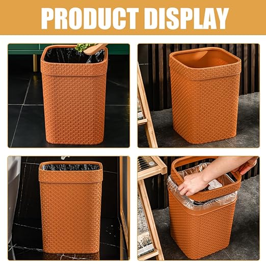Imitation Rattan Woven Trash Can Decorative Room Trash Bin Lidless Orange Rustic Wastebasket for Kitchen Living Room Office Home Use
