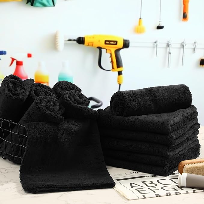 Shimeyao 30 Pcs 16 x 16 Inch Edgeless Microfiber Plush Towels for Cars Detailing Drying Wash Polishing Absorbent Cleaning Cloths 500 GSM(16 x 16 Inch Black 30 Pcs)