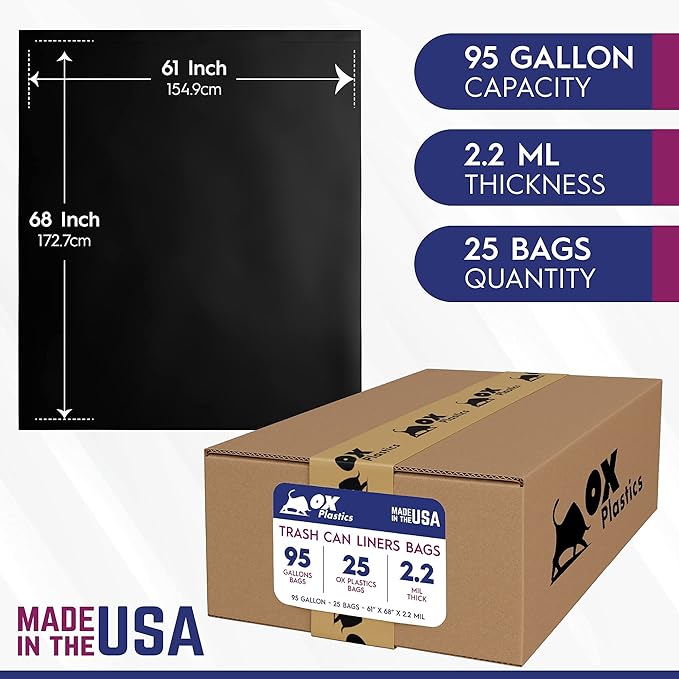 Ox Plastics Trash Can Liners Bags - 95 Gallon Capacity &amp 2.2mil Thick Extra Heavy Duty Strength - Large Garbage Leak-Proof &amp Durable House &amp Commercial Use Bags Black (25 Count)