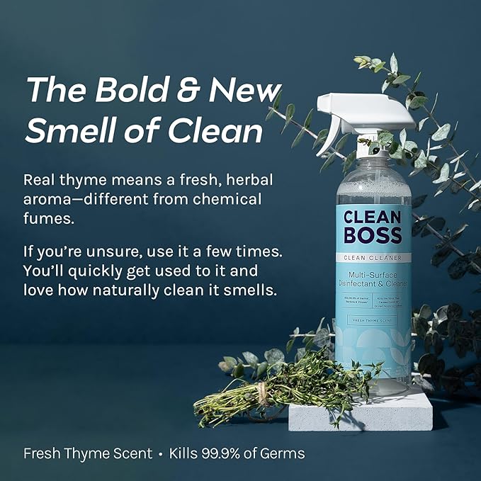 CleanBoss Botanical Disinfectant - 24 oz (Pack of 2) - Multi-Surface Cleaner - Kills 99.9% of Germs + Cold &amp Flu Viruses - Fresh Thyme Scent - No Rinse on Food Contact Surfaces - Pet Friendly
