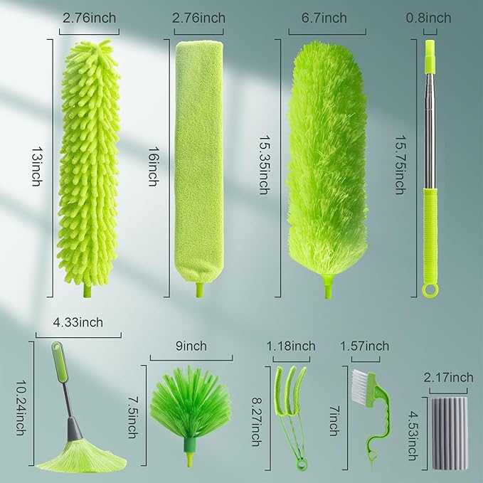Microfiber Duster with Extension Pole 30 to 100'' Bendable Reusable Washable Feather Dusters for Cleaning High Ceiling Fan Cobweb Blinds Keyboard Furniture &amp Cars Green Gift for Women (11 PC