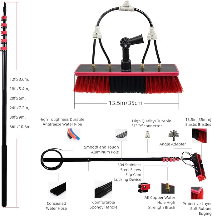 3.6-10.8m Telescopic Window Cleaner Kit Photovoltaic Panel Cleaning Water Fed Telesbrush with Telescopic Rod Extendable Cleaning Tools Pole30ft/9m (12ft/3.6m)