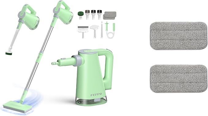FEPPO 2-in-1 Steam Mop &amp Handheld Cleaner Bundle with 10-in-1 Accessories &amp 4 Washable Pads (Includes 2 Extra Pads) - 1300W Powerful Steamer for Floors Hardwood Tile Grout Windows Kitchen
