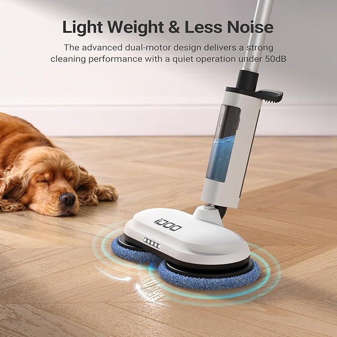 iDOO Electric Cordless Spin Dust Mop Electric Mops for Floor Hardwood Tile Cleaning with Sprayer &amp LED Headlight Rechargeable Dual-Motor Quiet Self Propelled Water Tank 4 Replaceable Heads Wh
