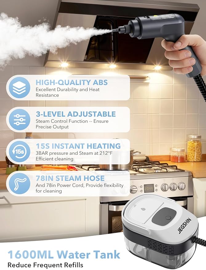 Steam Cleaner 3-Level Adjustable Steamer for Cleaning 15s Heat-Up 1.69 Quarts Tank High Pressure Steamer with 17 pcs Accessories for Kitchen Bathroom Grout Car Grease Floor