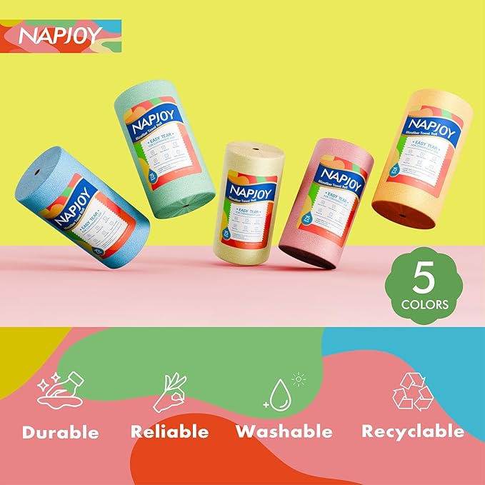 Napjoy Microfiber Cleaning Cloth Roll 75PK Easy Tear Away Reusable Paper Towels 12 x 12 Lint-Free and Scratch-Free with Patented Fiber Technology Microfiber Towel Roll Green