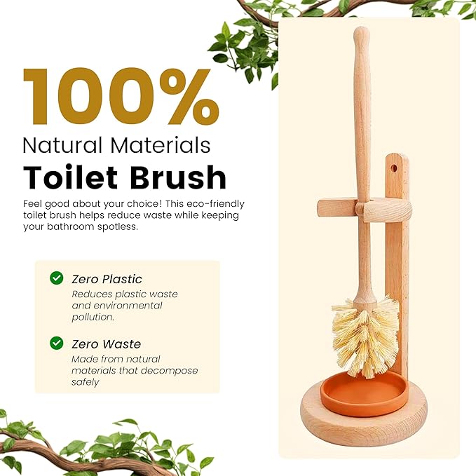 Toilet Bowl Cleaner Brush with Holder 14 Inch Extra Long German Beechwood Handle Strong Hemp Bristles Ceramic Drip Tray Biodegradable