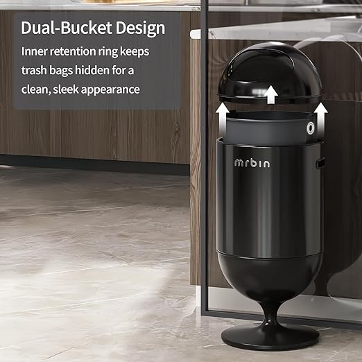 MRBIN Metal Trash Can with Lid 5.3 Gallons / 20L Medium Decorative Waste Basket Round Tall Garbage with High Leg for Bathroom Office Bedroom Kitchen Black