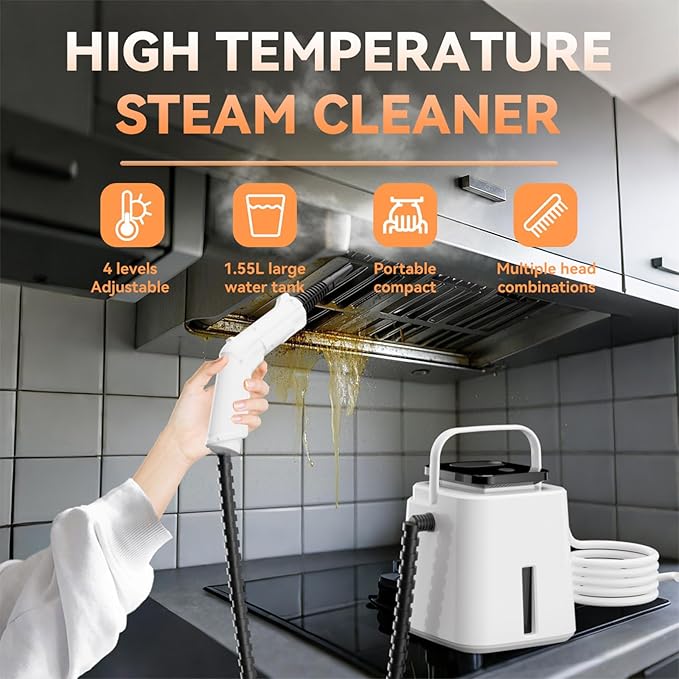 Steam Cleaner Handheld Steamer with 10S Fast Heating 1.55L Tank4-Level Adjustable Handle110° High Temperature SteamSteam Cleaner for HomeCarDirtGreaseGroutTileCouch (White)