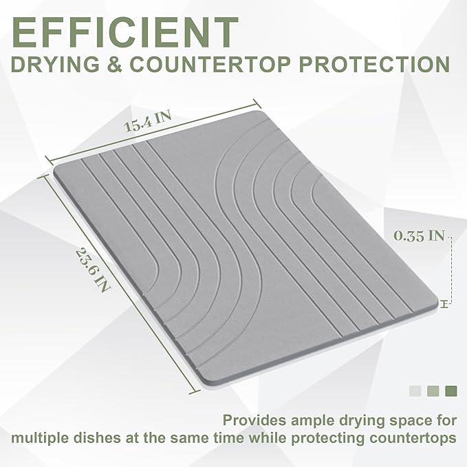 Large Stone Drying Mat for Kitchen Counter 24 × 16 Diatomite Dish Drying Mat Quick Dry Stone Mats Ultra Absorbent Natural Diatomaceous Earth Mats for Dished Bottles Dark Grey
