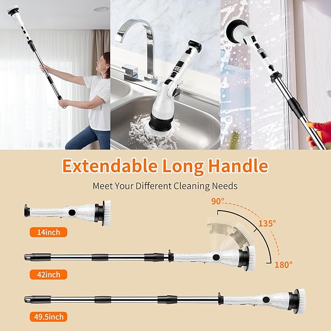 Electric Spin Scrubber Power Electric Scrubber for Cleaning Shower Cordless Cleaning Brush with 6 Adjustable Angles8 Brush Heads 3 Speed Mode Electric Cleaning Brush for Bathroom/Tub/Floor/Tile