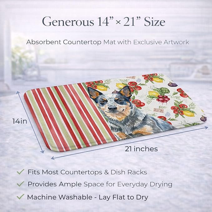 Caroline's Treasures Blue Heeler Australian Cattle Dog Vegetables Dish Drying Mat Absorbent Dish Drying Mat Pad for Kitchen Counter Dish Drainer Mat for Countertop 14 x 21 Multicolor