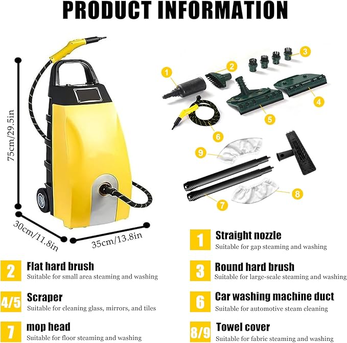 3000W High Pressure Multi Use Steam Washer 3.5L Portable Steamer Cleaning Machine with 9 Brush Heads for Kitchen Home UseUpholstery Bathroom Grout and Tile Car Detailing