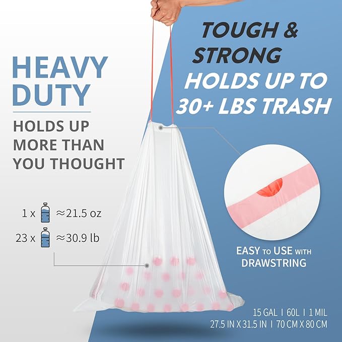 15-18 Gallon Drawstring Trash Bags - (102 Count) Ultra Large Trash Can Liners Heavy Duty Strong White Plastic Garbage Bags for Home Kitchen Office Lawn Commercial