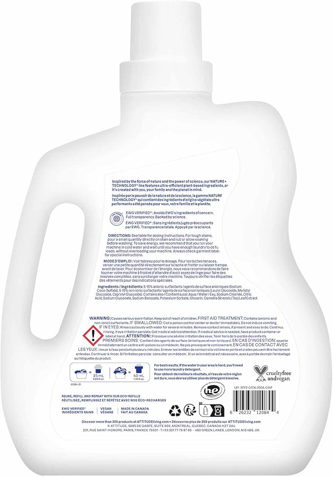 ATTITUDE Liquid Laundry Detergent EWG Verified HE Compatible Plant-Based &amp Vegan Natural Laundry Soap Unscented 80 Loads 67.6 Fl Oz
