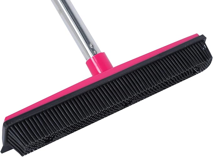 Pet Hair Remover Carpet Rake for Pet Hair Removal 2 in 1 Removal Tool of Rubber Broom and Squeegee for Floor Length Adjustable Push Broom Pet Dog and Cat Hair Remover (Pink)