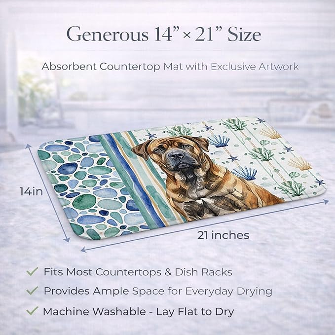 Caroline's Treasures Brindle Boerboel Coastal Sea Glass Dish Drying Mat Absorbent Dish Drying Mat Pad for Kitchen Counter Dish Drainer Mat for Countertop 14 x 21 Multicolor