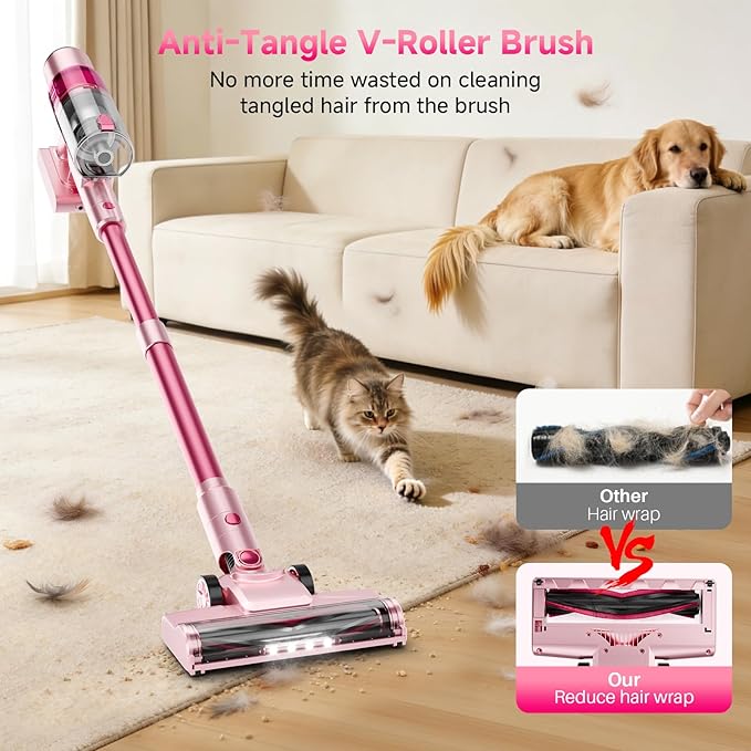 Cordless Vacuum Cleaner: Portable 6-in-1 Stick Vacuum with Anti-Tangle Brush LED Headlight Self-Standing HD Display Rechargeable Vacuum for Pet Hair Low-Pile Carpet and Hardwood Floor-Dark Pink