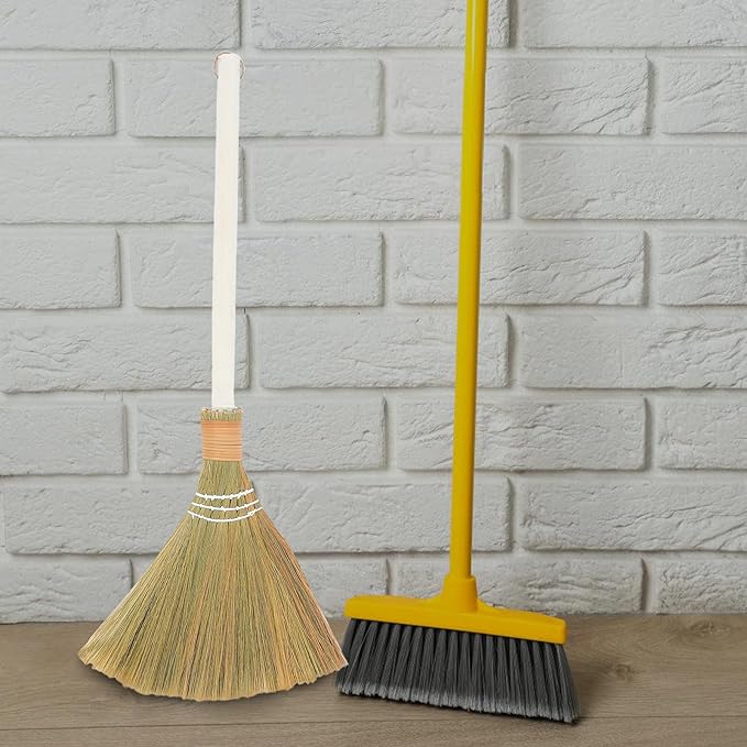 2pcs Handmade Grass Broom Set with Removable Handle Soft Straw Bristle Brooms for Indoor Sweeping and Household Cleaning Small and Large Size for Dusting