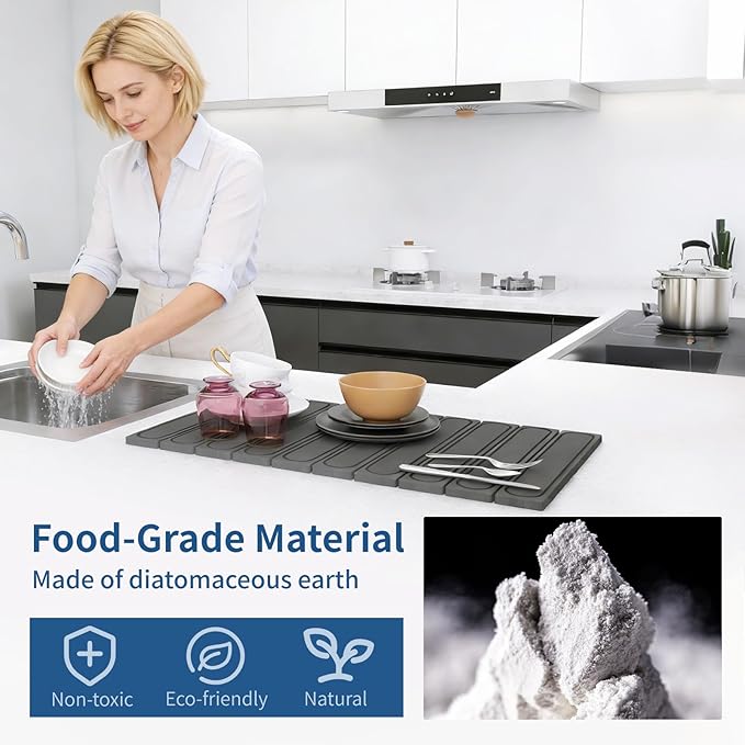 Hopegiver Stone Drying Mat for Kitchen Counter 24 x 16 Quick Dry Diatomaceous Earth Dish Drying Mat Super Absorbent Non-Slip &amp Foldable Modern Gray Carve Countertop Mat (GrayCarve24''x16'')